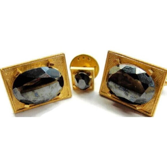 Black Faceted Cuff Link Set Dante Gold Tone Cufflinks & Tie Tack Tux Shirt Vtg - Picture 2 of 11